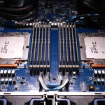 Dual socket AMD Epyc processors installed in motherboard, surrounded by fully populated DRAM