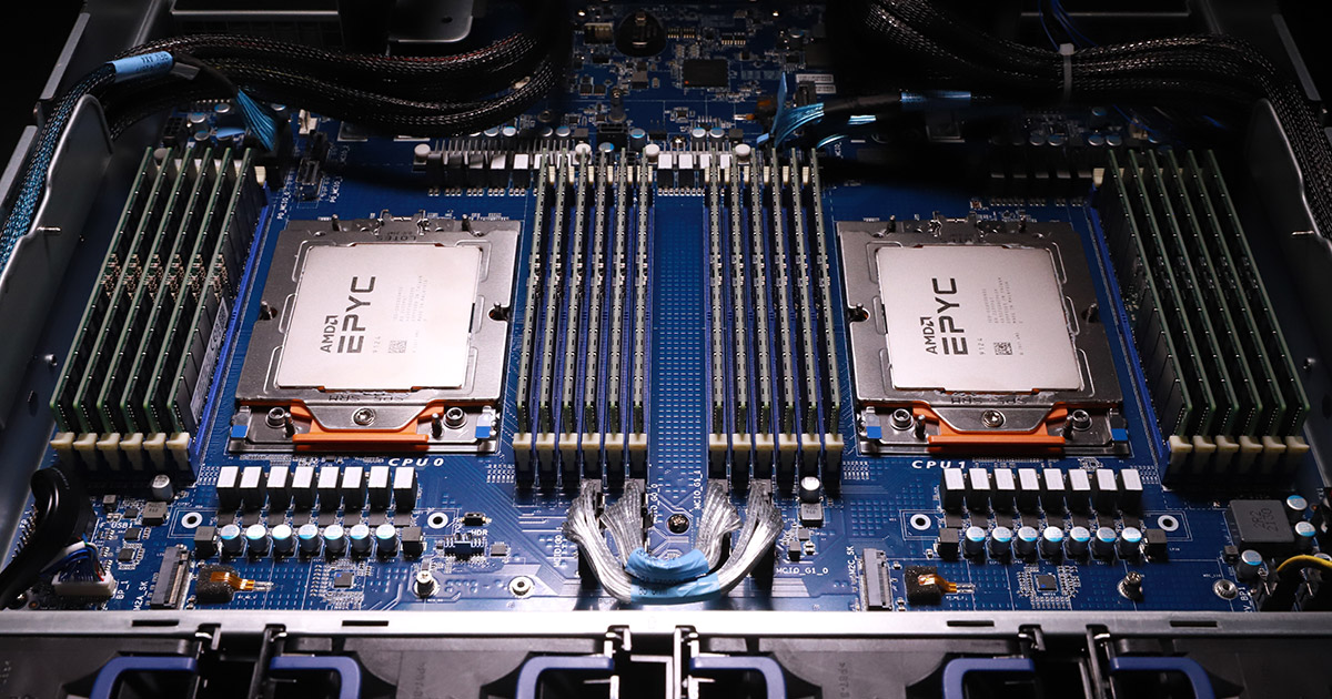 Dual socket AMD Epyc processors installed in motherboard, surrounded by fully populated DRAM